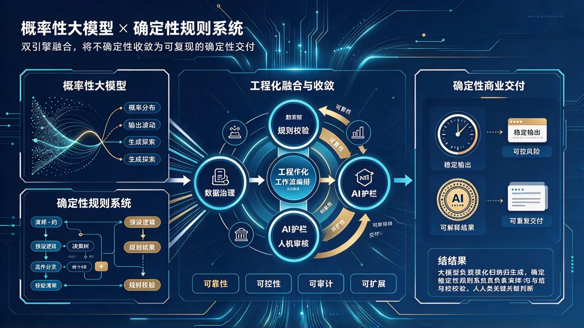 概率性大模型 × 确定性规则系统：双引擎融合，将不确定性收敛为可复现的确定性交付